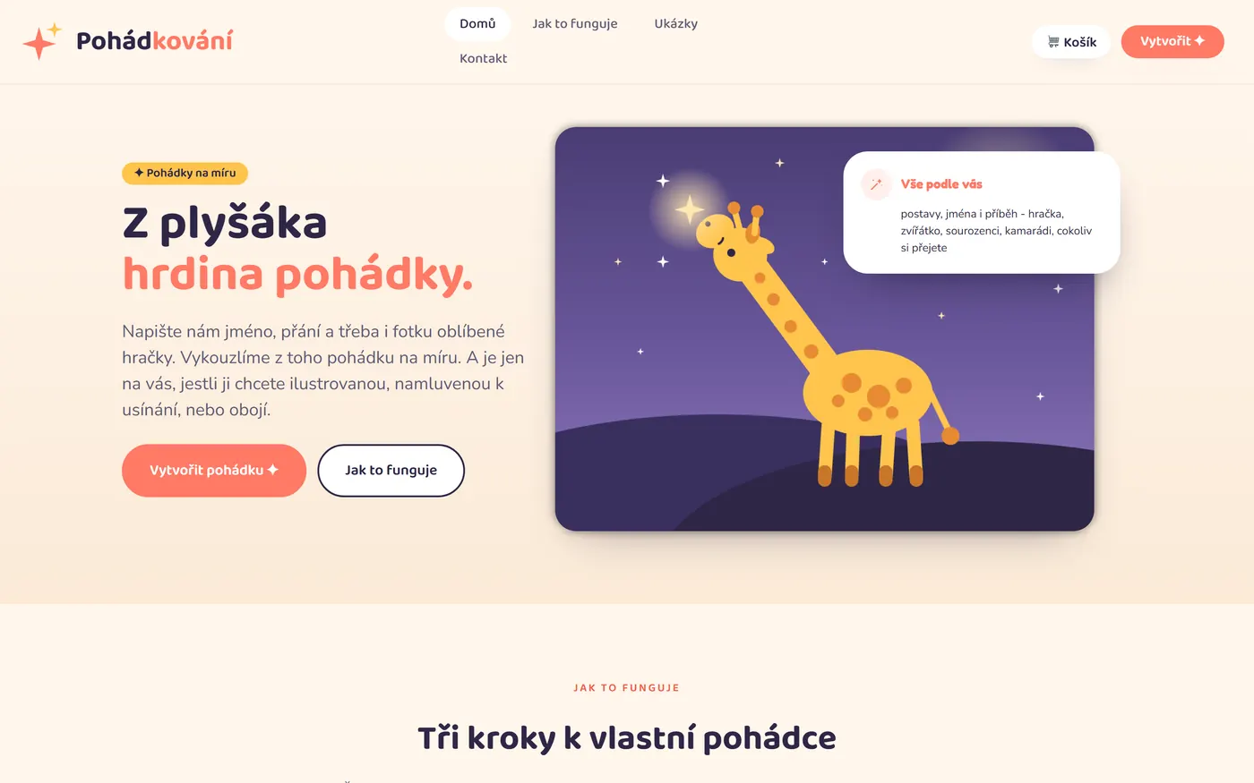 Úvodní stránka webu Pohádkování s ilustrací žirafy a nadpisem Z plyšáka hrdina pohádky